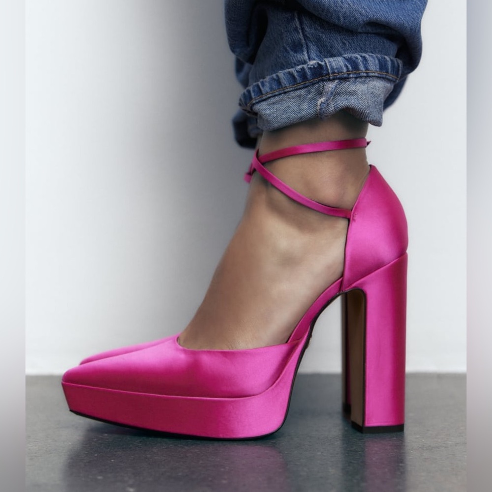 Zara Satin Platform Point Toe Block Heels in Fuschia Pink 8.